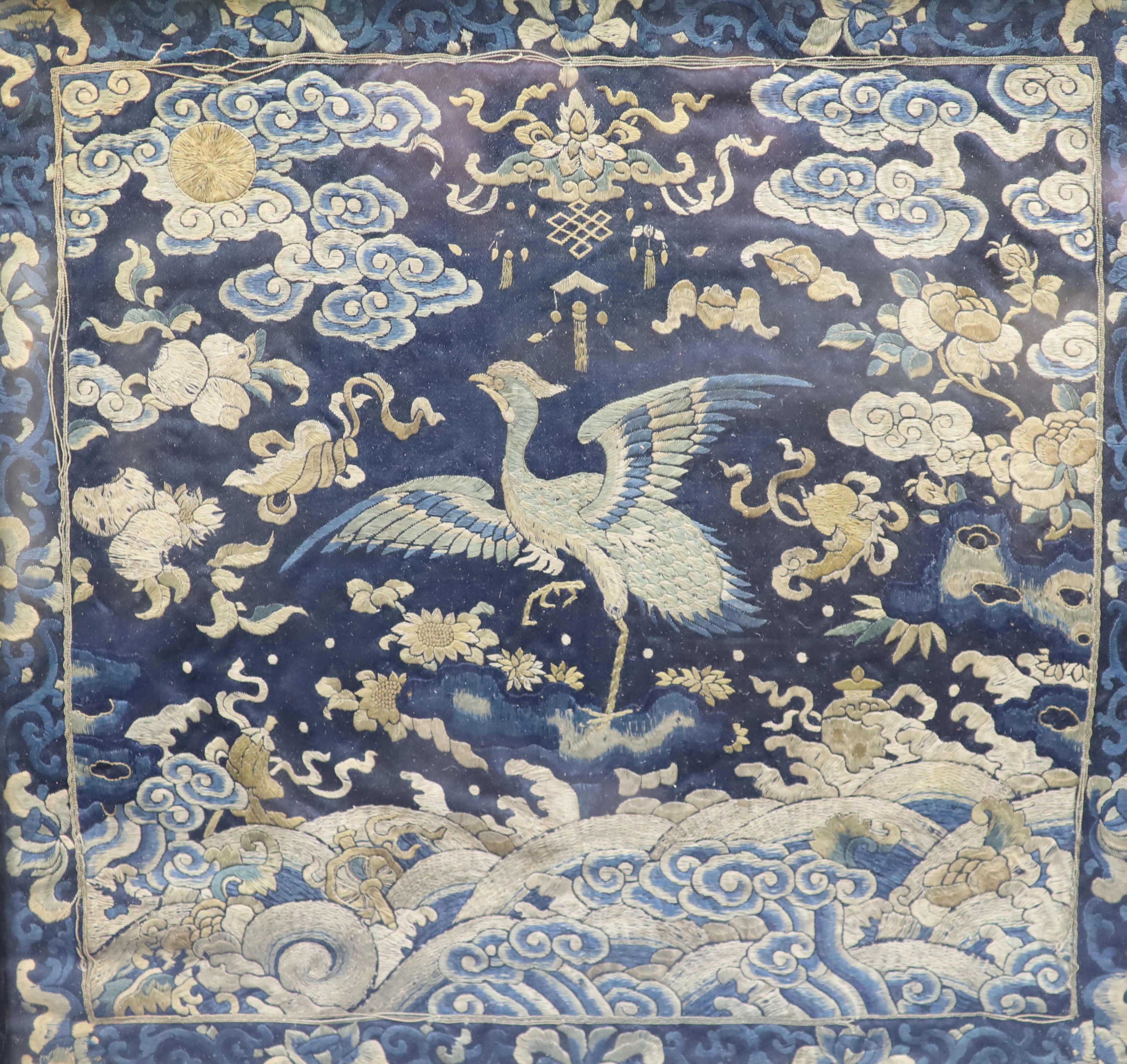 A pair of Chinese embroidered silk civil rank badges, late Qing dynasty, Provenance - A. T. Arber-Cooke